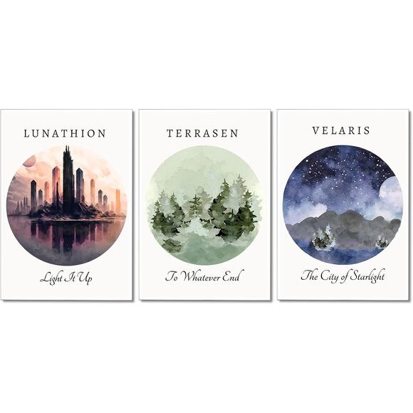3 PCS Sarah J Maas 12x16" Canvas Prints – Lunathion, Velaris, Terrasen, Unframed - Picture 1 of 6